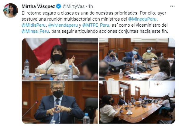 Mirtha Vásquez aseguró que es prioridad del Gobierno el retorno a las aulas