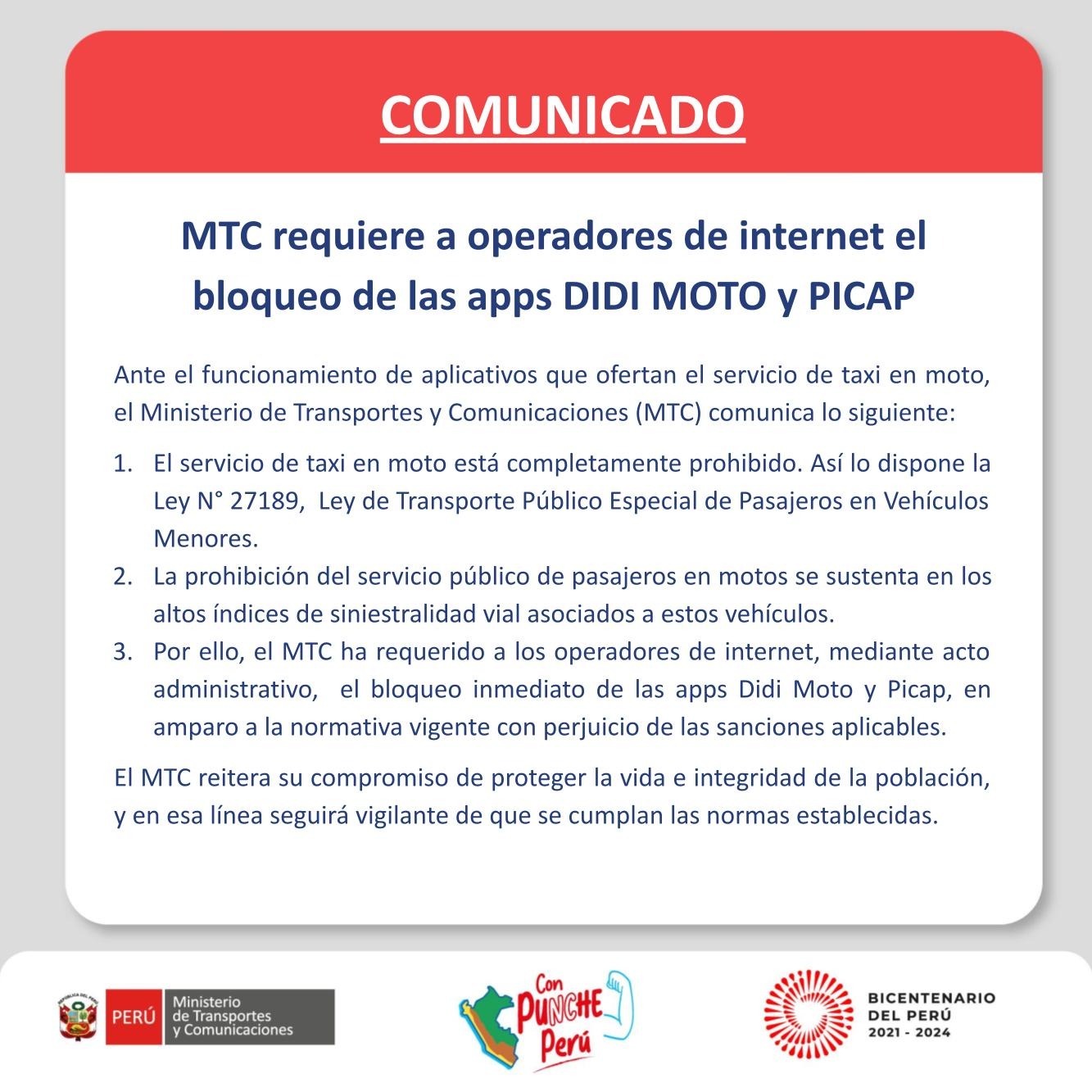 MTC solicita bloqueo de aplicativos Didi Moto y Picap por ofrecer servicio de taxi en moto 