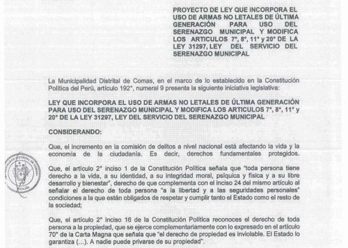 Municipalidad de Comas plantea ante el Congreso que Serenazgo utilice armas no letales