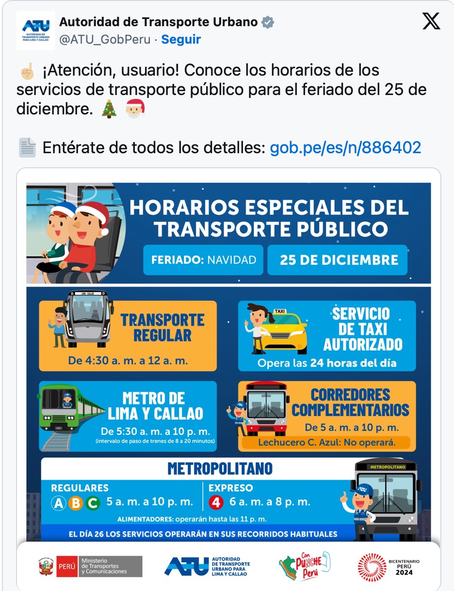 Navidad: Estos son los horarios del transporte público en Lima y Callao durante el feriado