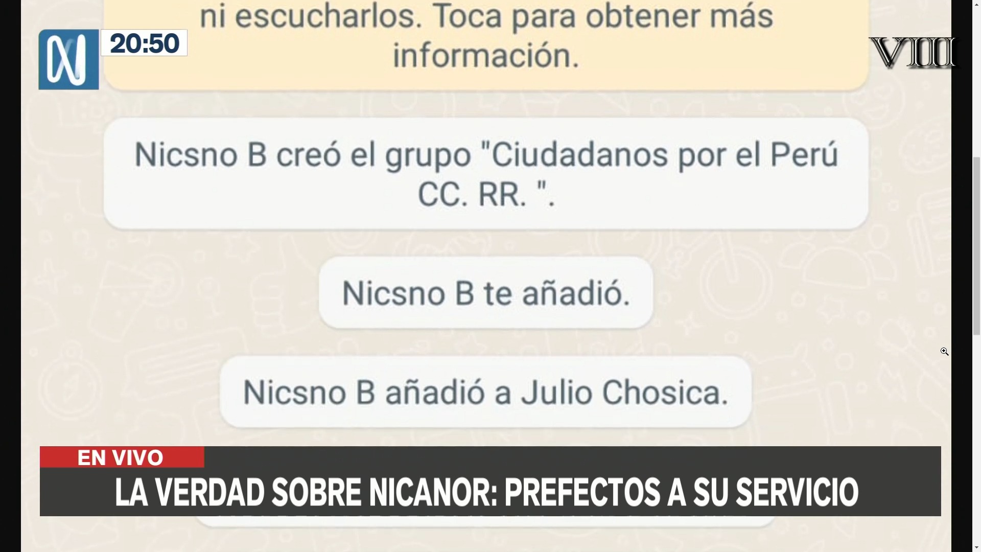 Captura del chat "Ciudadanos por el Perú CC. RR." creado por Nicanor Boluarte - Foto: Canal N