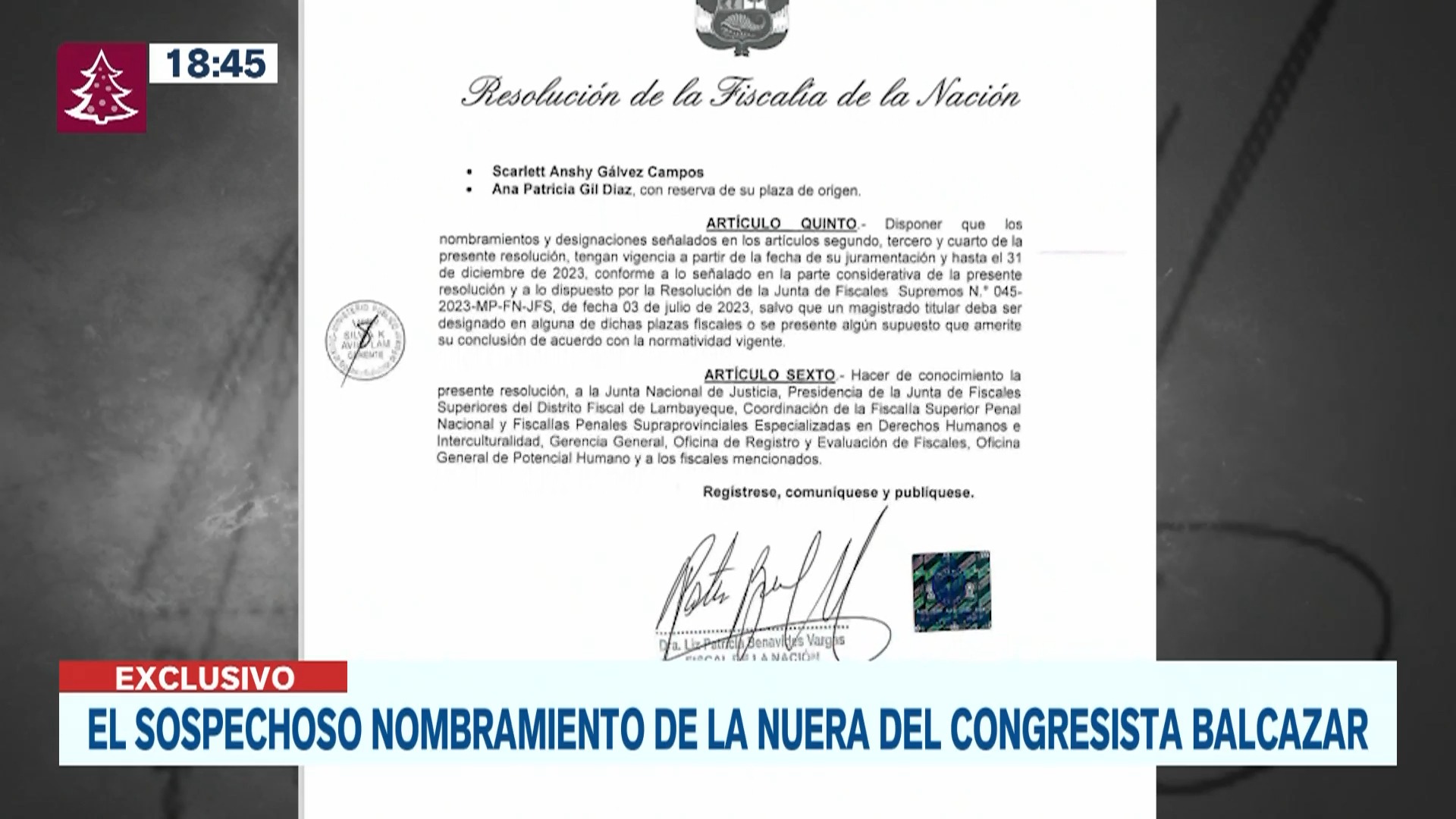 Resolución firmada por la Fiscal de la Nación para designar a la nuera del congresista Balcázar - Foto: Canal N