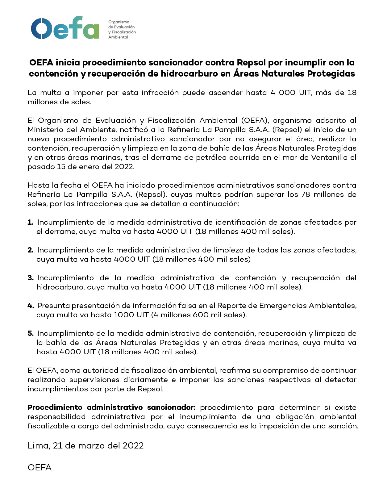 OEFA abre nuevo procedimiento administrativo sancionador contra Repsol