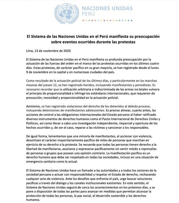 ONU Perú: "Se registraron violaciones de derechos de los detenidos al debido proceso"