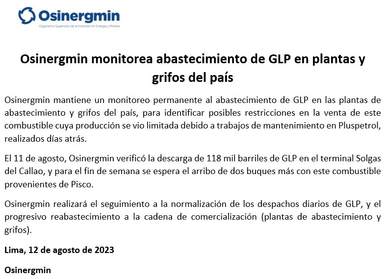 Osinergmin supervisa abastecimiento de GLP en plantas y grifos del país