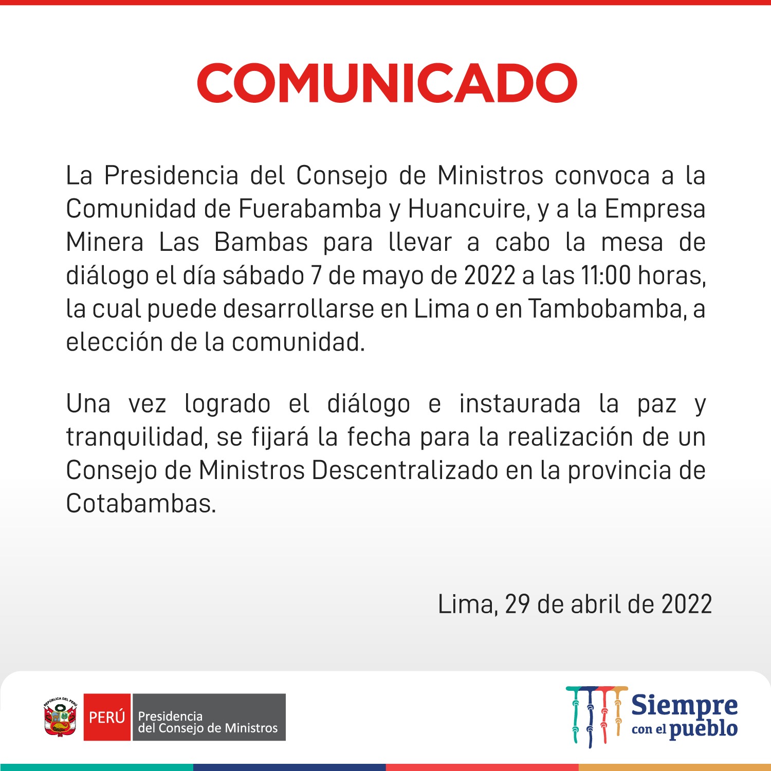 PCM convoca a mesa de diálogo entre comunidad de Fuerabamba y a minera Las Bambas