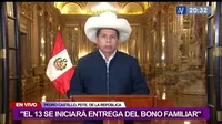 Pedro Castillo: "Bono de S/350 se entregará desde el 13 de setiembre"