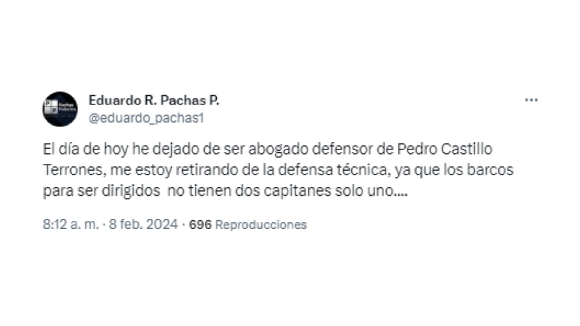 Pedro Castillo: Eduardo Pachas renunció a la defensa del expresidente