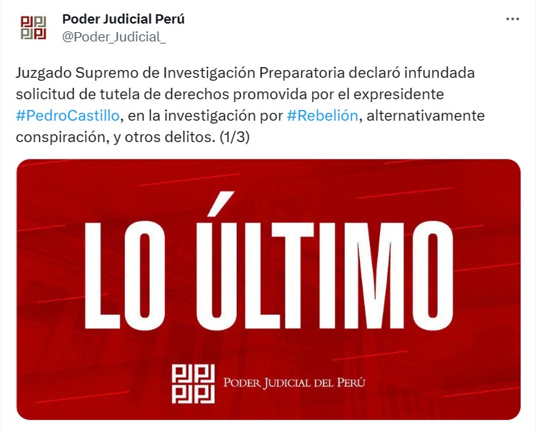 Poder Judicial declaró infundada solicitud de tutela de derechos promovida por Pedro Castillo