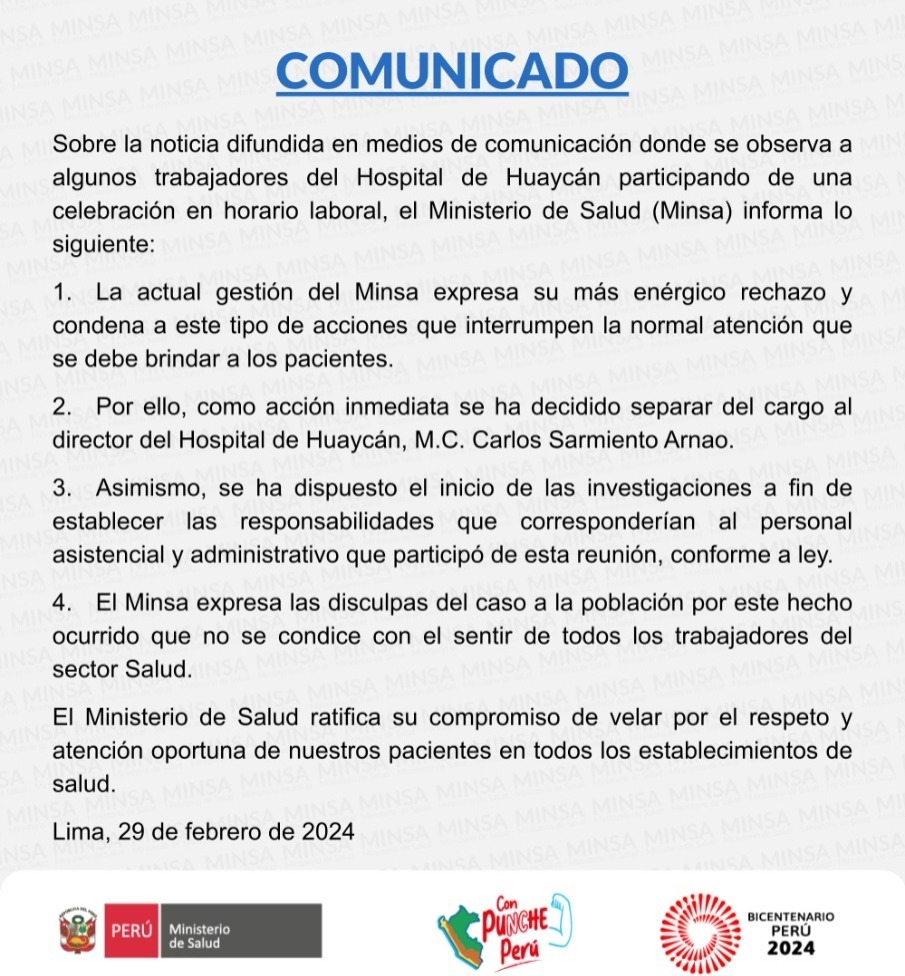 Comunicado emitido por el Minsa tras los hechos acontecidos en el hospital de Huaycán / Foto: Minsa