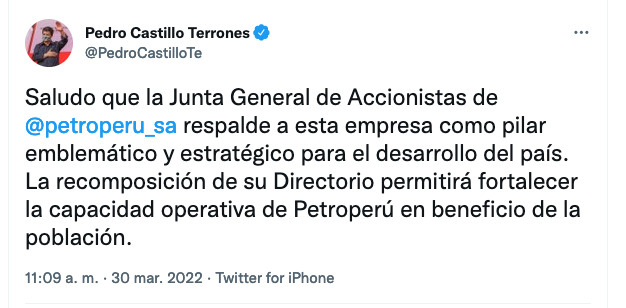 PetroPerú: "Recomposición del directorio fortalecerá capacidad operativa", asegura presidente Castillo