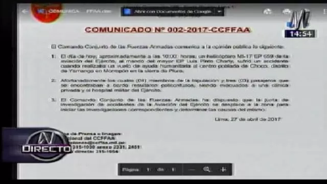 Helic&oacute;ptero cay&oacute; en sierra piurana. Foto: Captura de TV Canal N.
