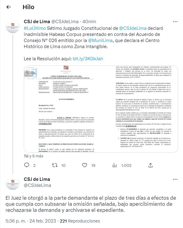 PJ declaró inadmisible hábeas corpus presentado contra acuerdo que declara el Centro Histórico de Lima como zona intangible