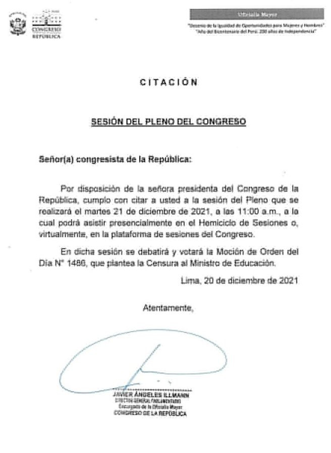 Congreso: Pleno debatirá y votará mañana censura al ministro Carlos Gallardo