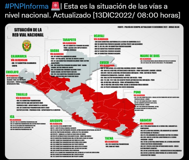Policía Nacional publicó mapa actualizado sobre la situación de carreteras bloqueadas
