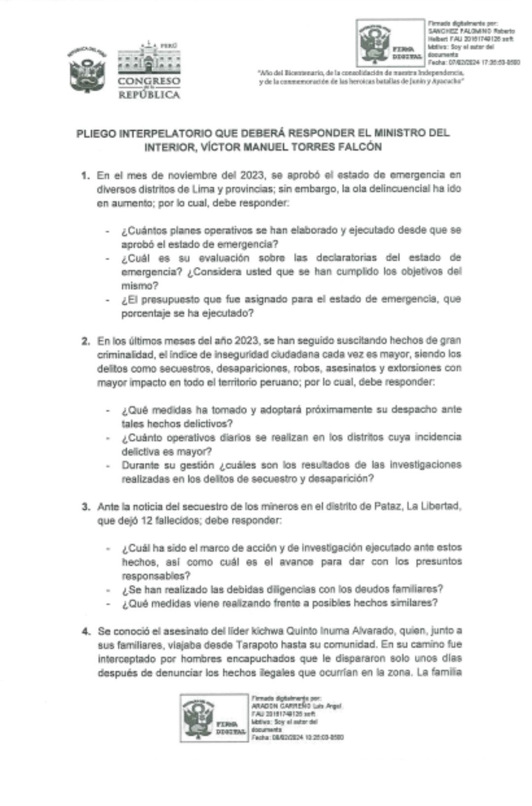 Pliego interpelatorio presentado contra el ministro del Interior, Víctor Torres Falcón