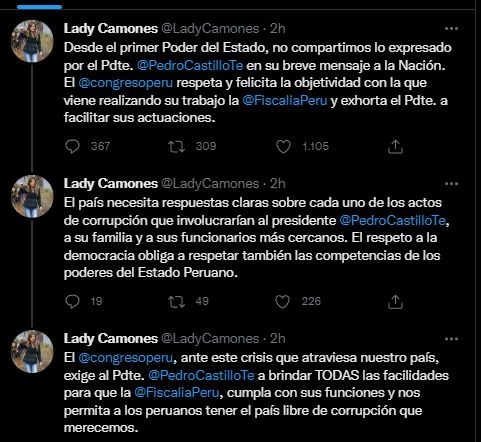Lady Camones rechaza expresiones del presidente Castillo