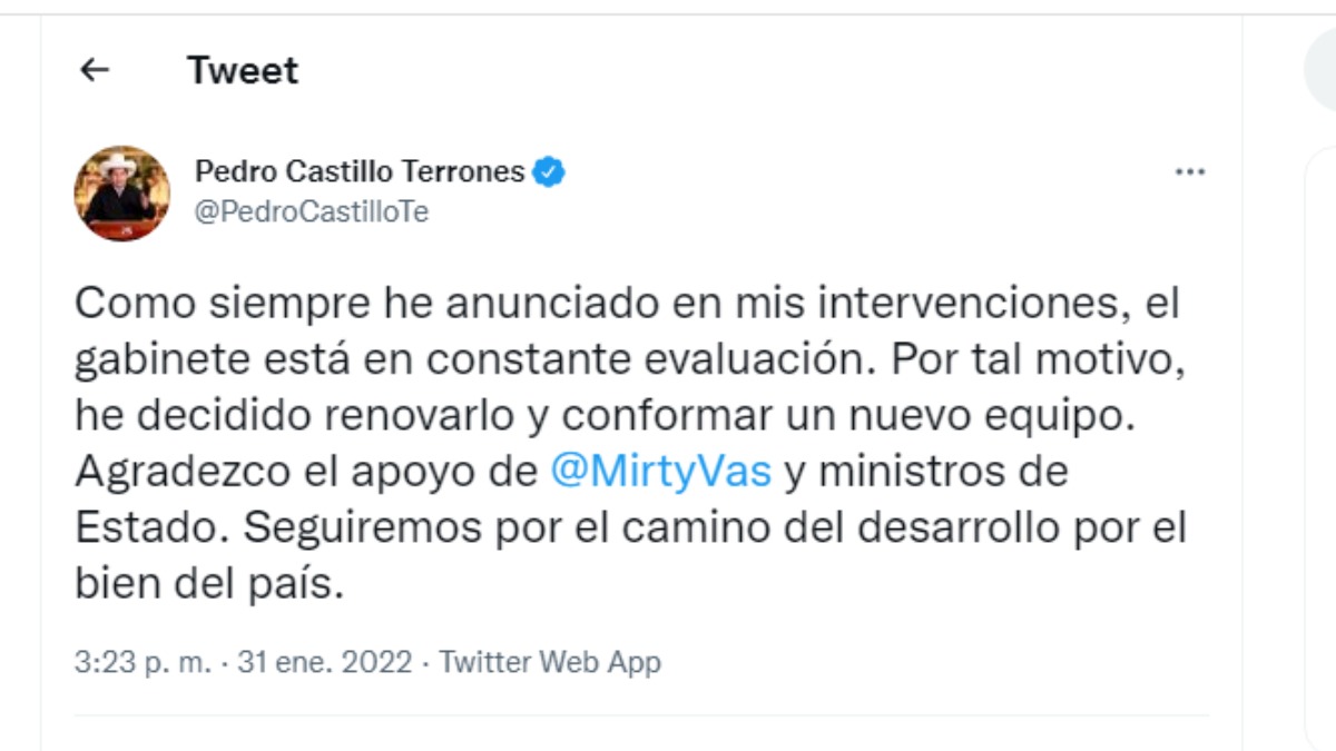 Presidente Castillo: He decidido renovar el equipo ministerial