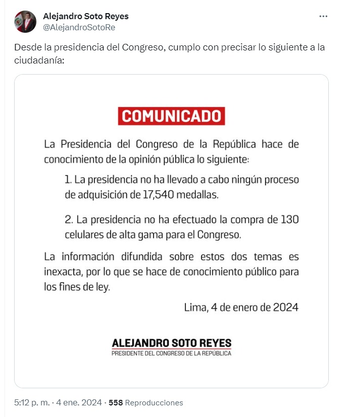 Presidente del Congreso negó que desde la Mesa Directiva se haya ordenado la compra de medallas y celulares - Foto: @AlejandroSotoRe