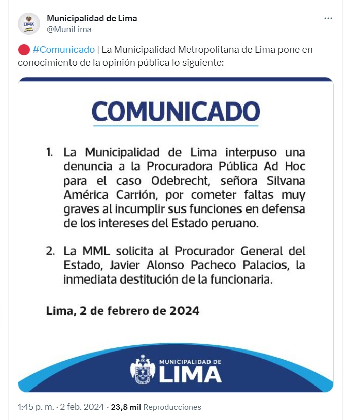 Procuradora ad hoc para el caso Lava Jato: "El alcalde de Lima está muy mal asesorado"