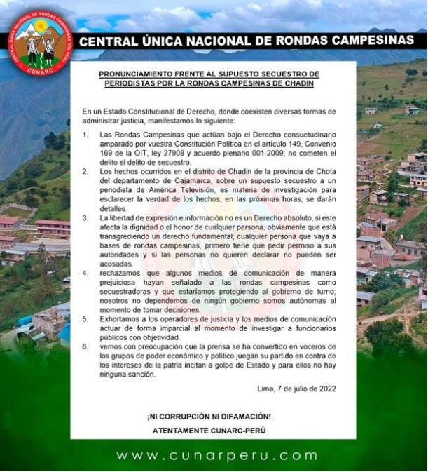 Central Única Nacional de Rondas Campesinas del Perú se pronunció sobre secuestro de periodistas