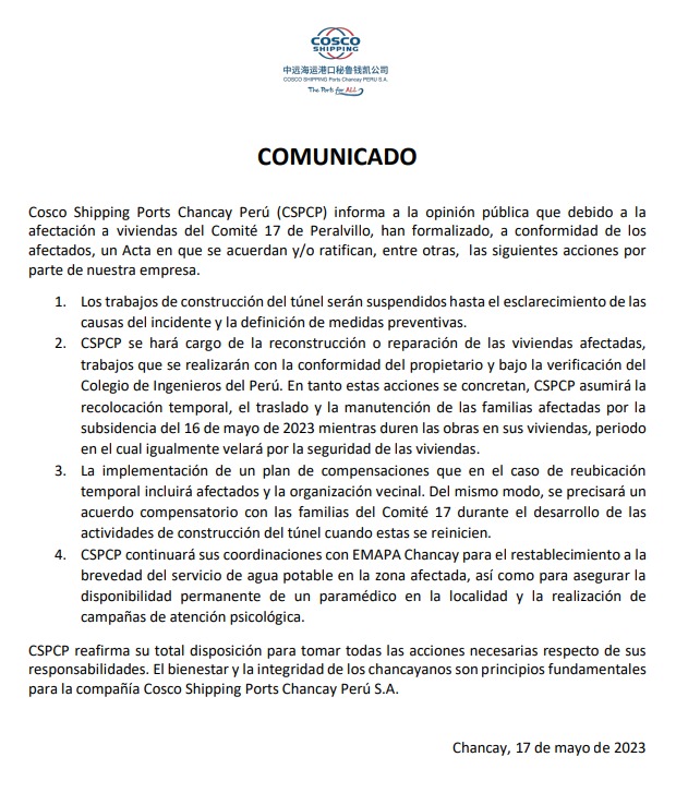 Puerto de Chancay: Concesionaria anuncia que se hará cargo de reconstrucción de viviendas