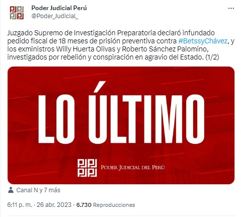 Rechazan pedido de prisión preventiva contra Betssy Chávez, Roberto Sánchez y Willy Huerta