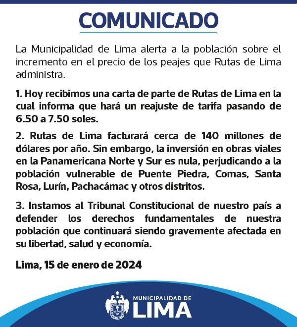 Municipalidad de Lima informó que Rutas de Lima incrementará el precio de los peajes - Foto: MML