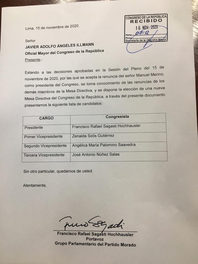 Sagasti lidera lista de candidatos a Mesa Directiva conformada por congresistas del Partido Morado