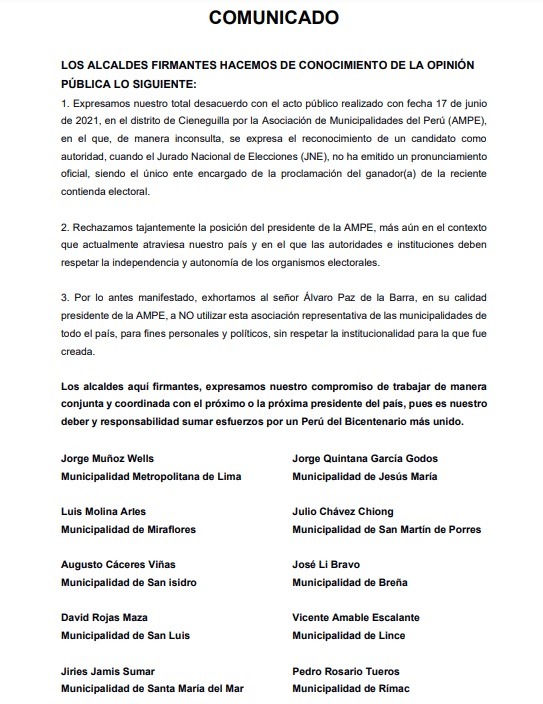 Carta remitida por más de 15 alcaldes sobre declaraciones de Paz de la Barra.