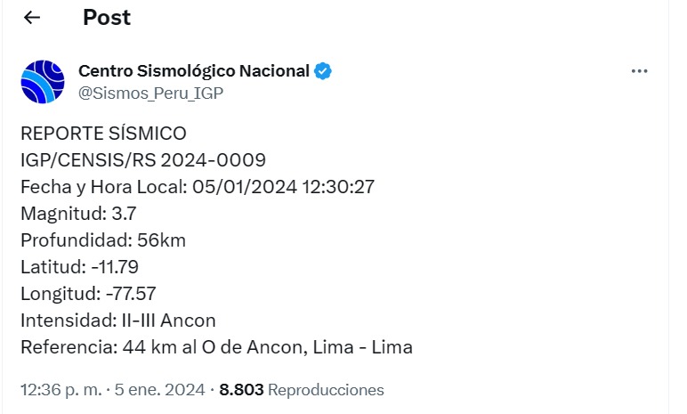 IGP: Sismo de magnitud 3.7 se sintió en Ancón