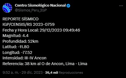 Sismo de magnitud 4.4 se registró en Lima