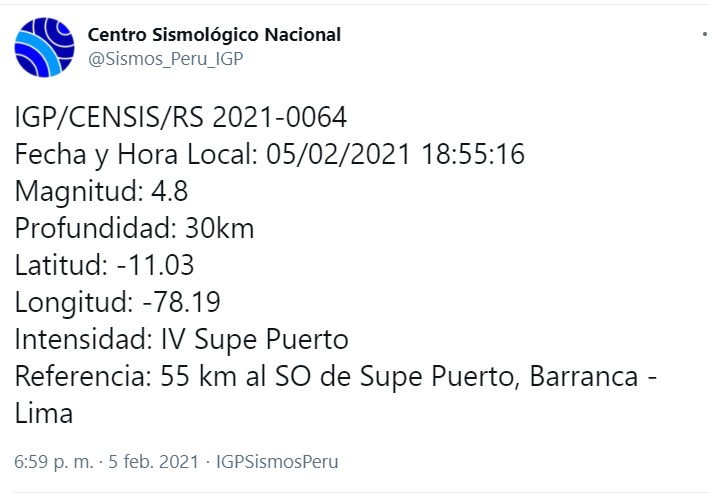Sismo de magnitud 4.8 se registró en Barranca