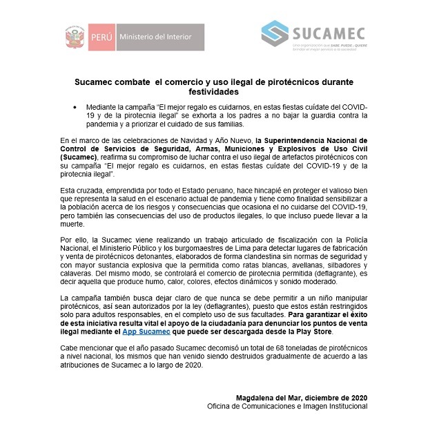 Sucamec anuncia campaña contra el comercio y uso ilegal de pirotécnicos en Navidad y Año Nuevo