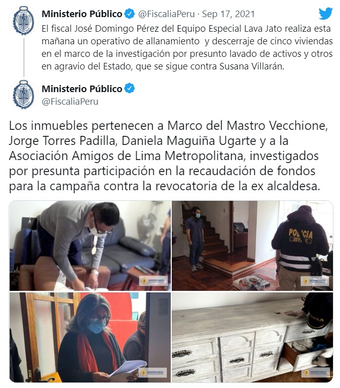 Susana Villarán: Fiscalía allana 5 viviendas relacionadas a investigación contra la exalcaldesa