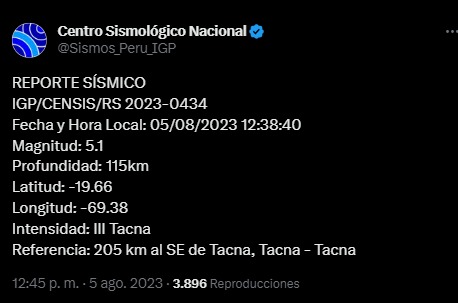 Sismo de magnitud 5.1 se sintió en Tacna