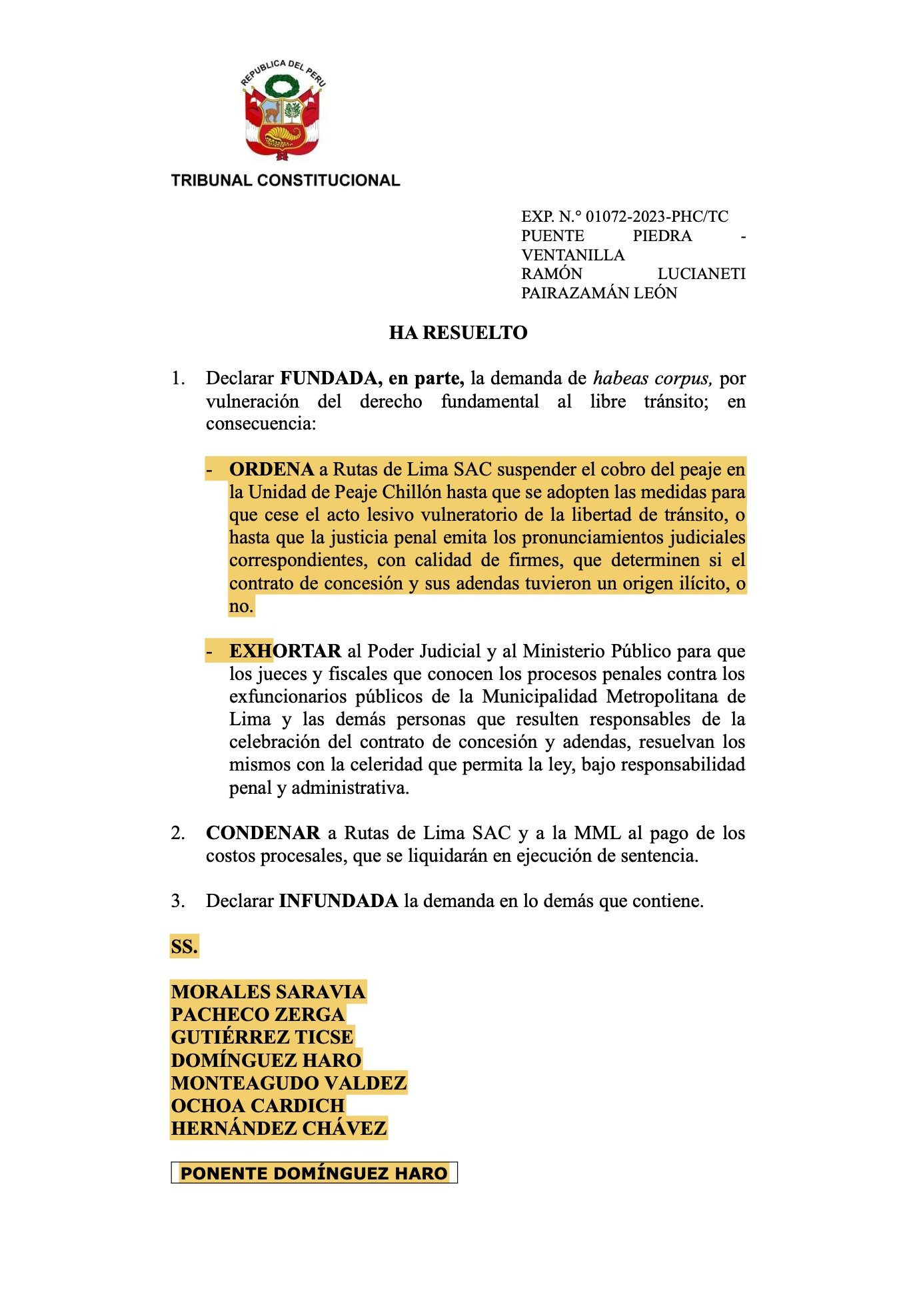 Tribunal Constitucional ordena a Rutas de Lima suspender cobro de peaje en Chillón