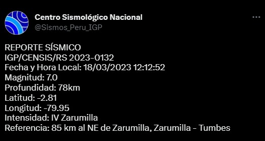 Tumbes: Sismo de magnitud 7 se sintió en Zarumilla
