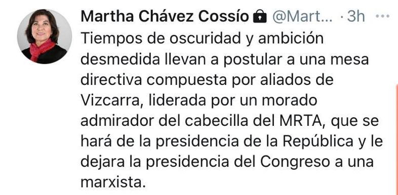  Twitter: Martha Chávez recibe críticas en redes por sus comentarios durante la elección de Francisco Sagasti