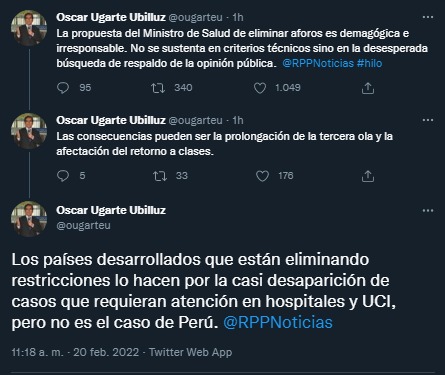 Ugarte: "Propuesta del ministro de Salud de eliminar aforos es demagógica e irresponsable"