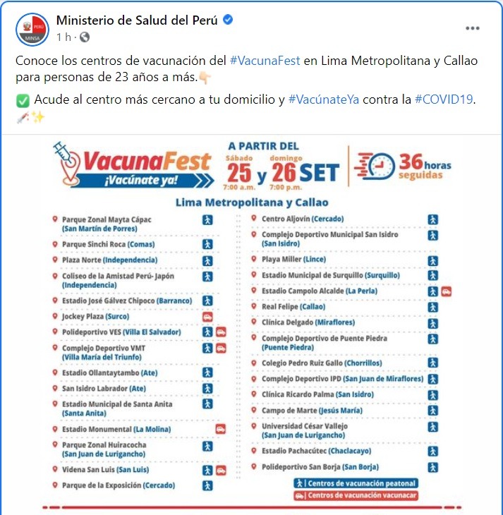 VacunaFest: Conoce los vacunatorios en Lima Metropolitana y Callao para personas de 23 años a más