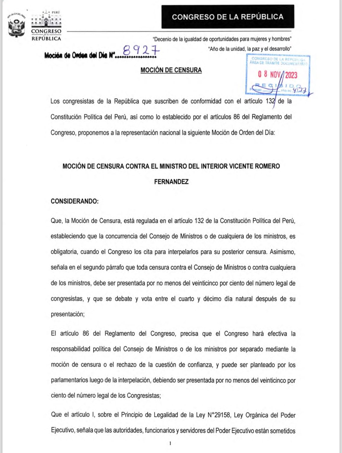 Vicente Romero: Presentan segunda moción de censura contra ministro del Interior