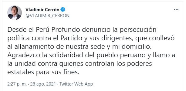 Cerrón: Denuncio persecución política en contra de Perú Libre y de sus dirigentes