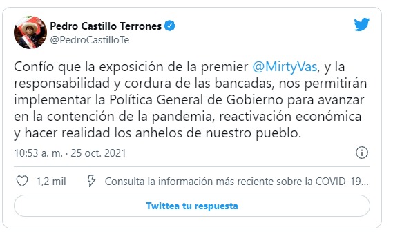Voto de confianza: Castillo expresa su confianza en la "responsabilidad y cordura" del Congreso