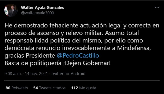 Walter Ayala renunció al Ministerio de Defensa