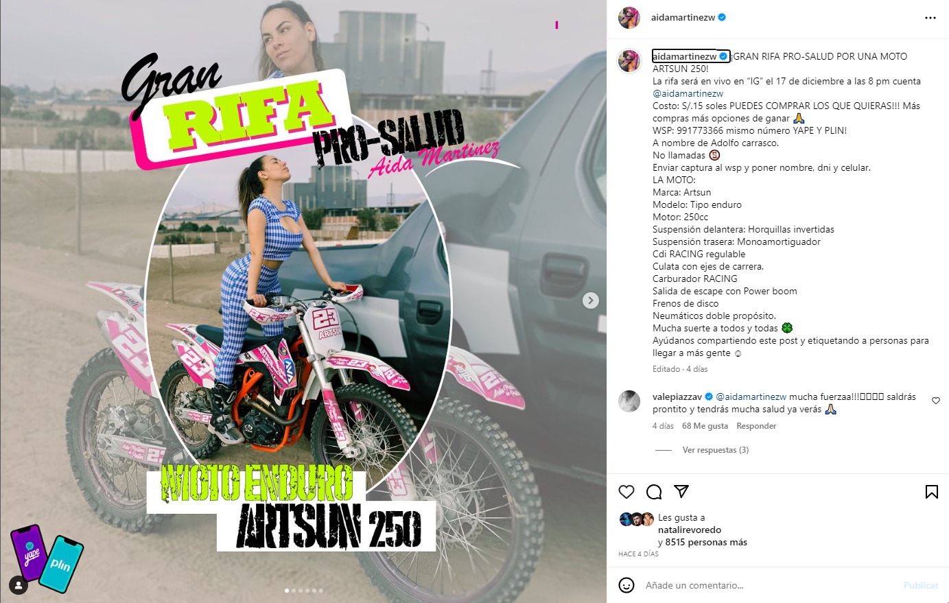 Aída Martínez rifará su moto para solventar sus gastos médicos. Foto: Instagram