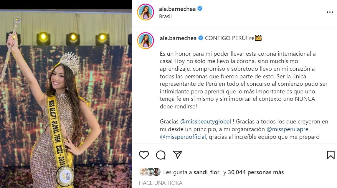 Ale Barnechea ganó concurso de Miss Teen Beauty Global 2022