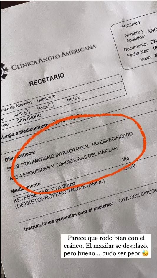 Andrés Wiese sufrió esguinces y torceduras en el maxilar tras un accidente durante un partido de fútbol/ Foto: Instagram