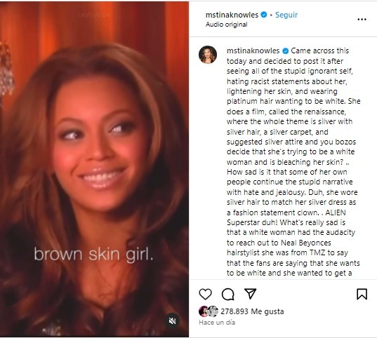 Publicación de Tina Knowles defendiendo a su hija Beyoncé. Fuente: Instagram