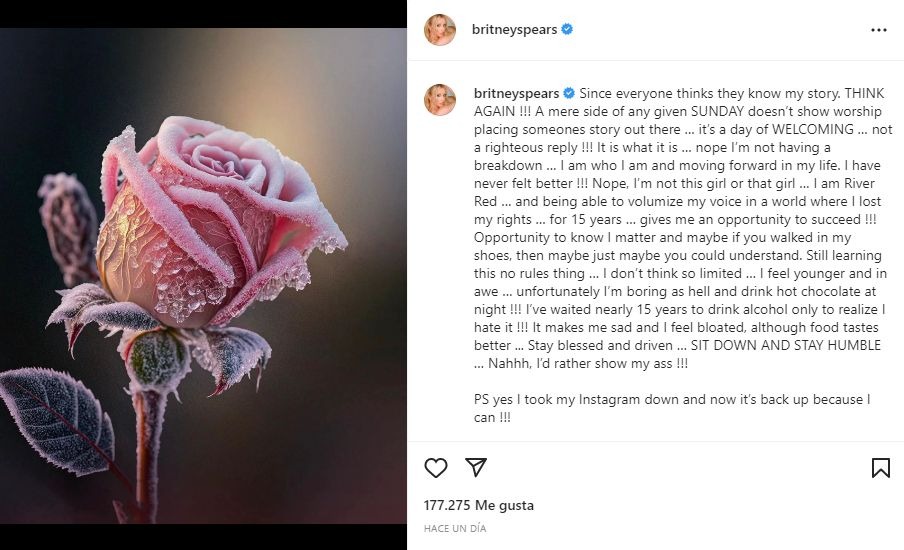 Britney Spears reactivó su cuenta de Instagram y aclaró que sufre una crisis